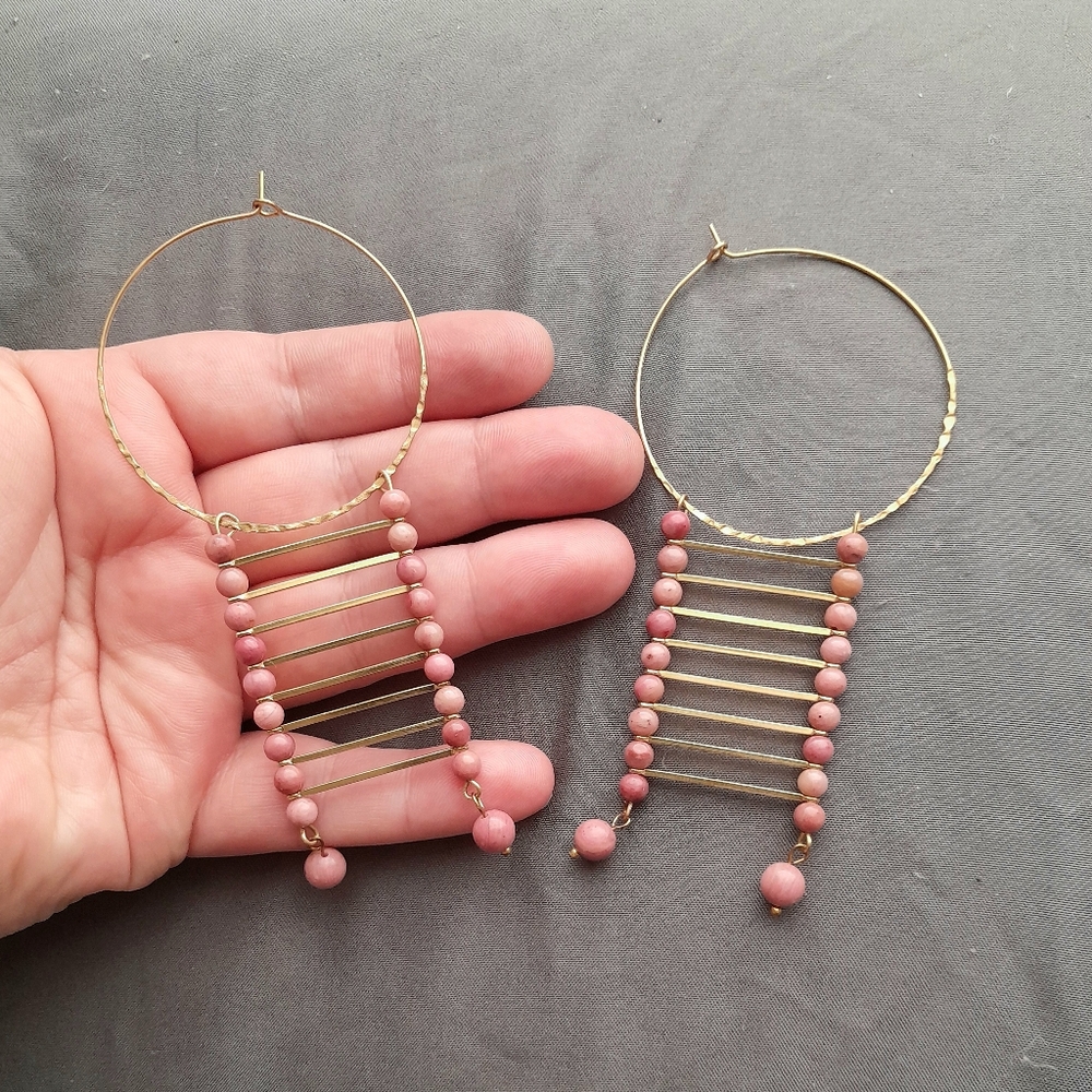 Statement Rhodochrosite Drop Hoop Earrings - Picture 2 of 3